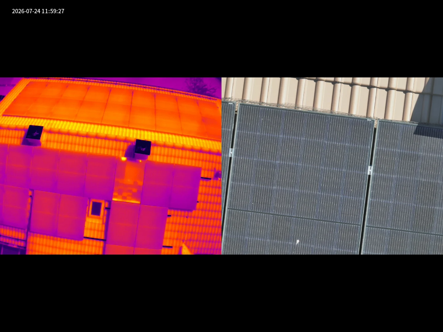 Vergleich aus Thermografieaufnahme und Normalbild einer PV-Anlage mit auffälligem Modulbereich