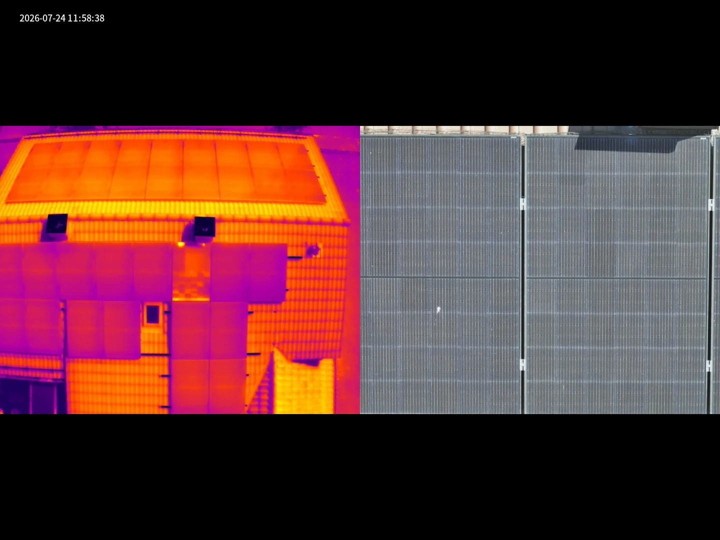 Thermografie- und Normalbildvergleich eines Daches mit PV-Anlage und möglichem Wassereintritt